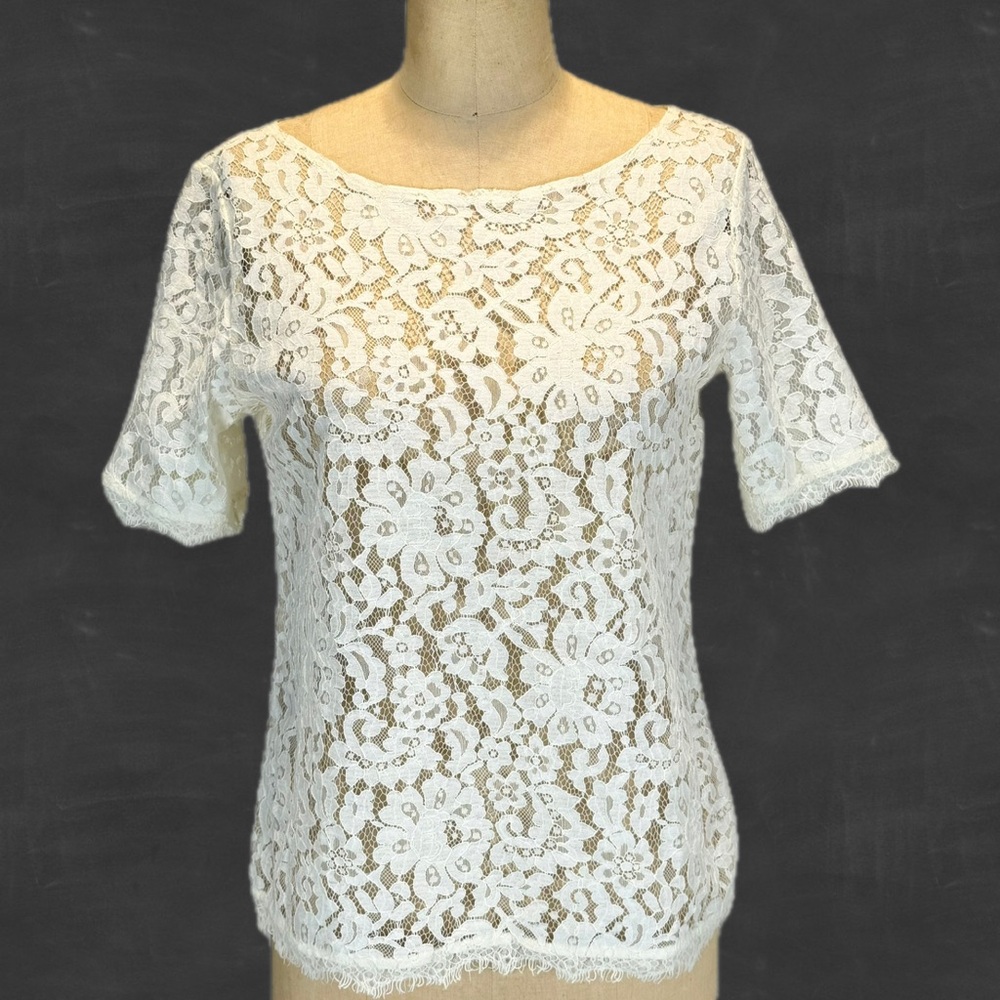 VINTAGE lace floral top short sleeve JCPenney y2k beige ivory off white coquette